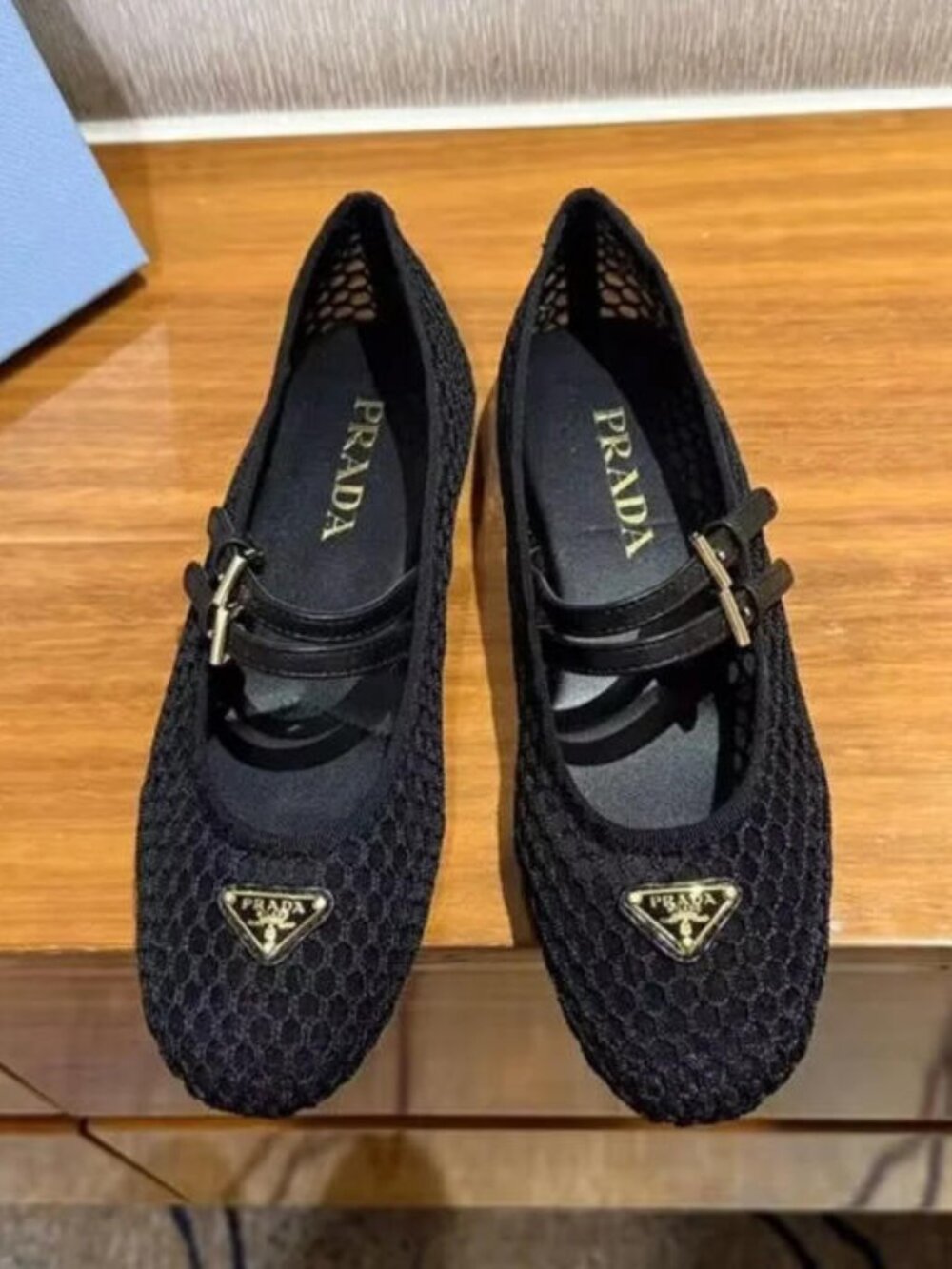 New Prada Mesh Mary Jane Flats with Triangle Logo - Black / Size 38